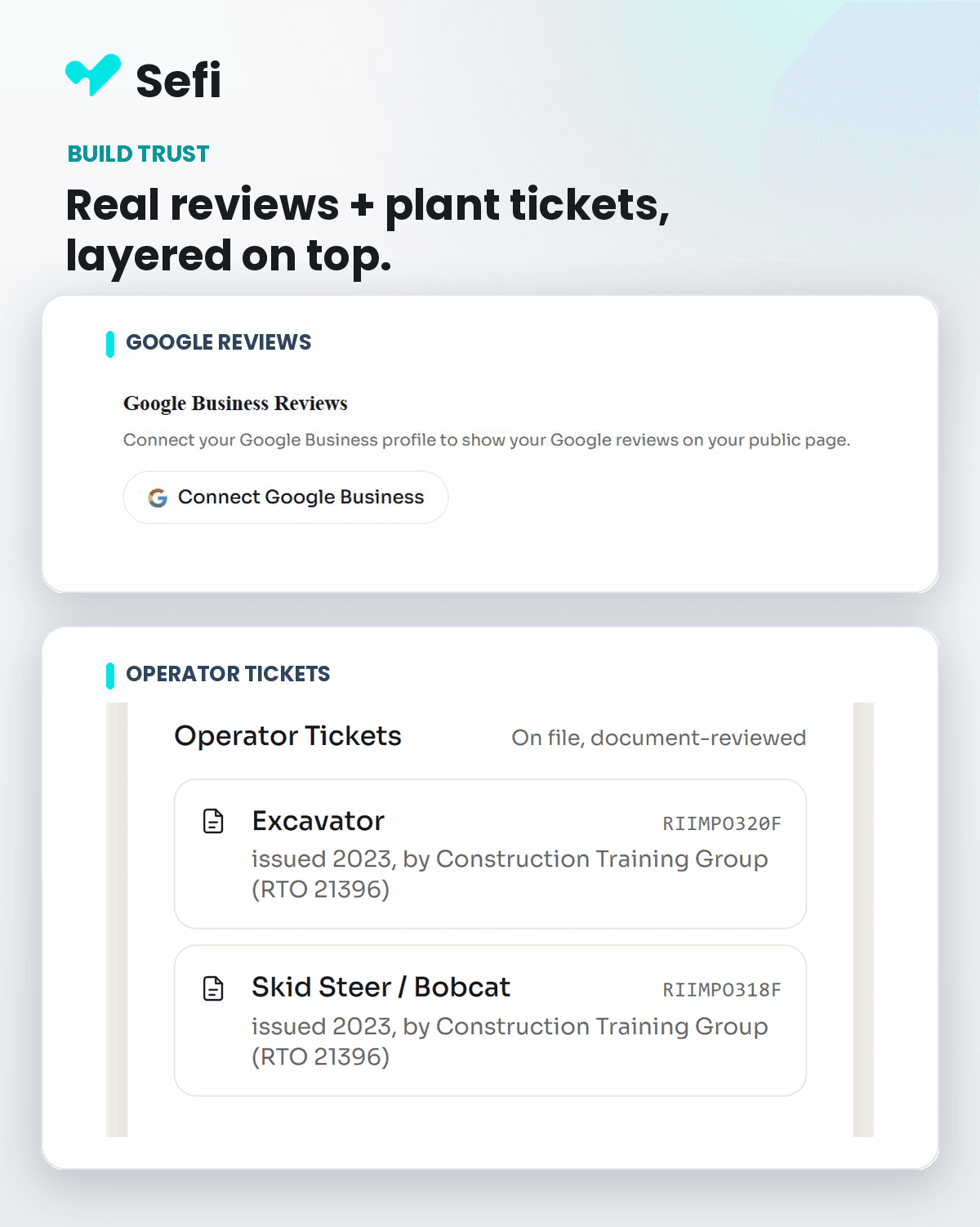 Tradie profile displaying connected Google reviews and uploaded operator tickets
